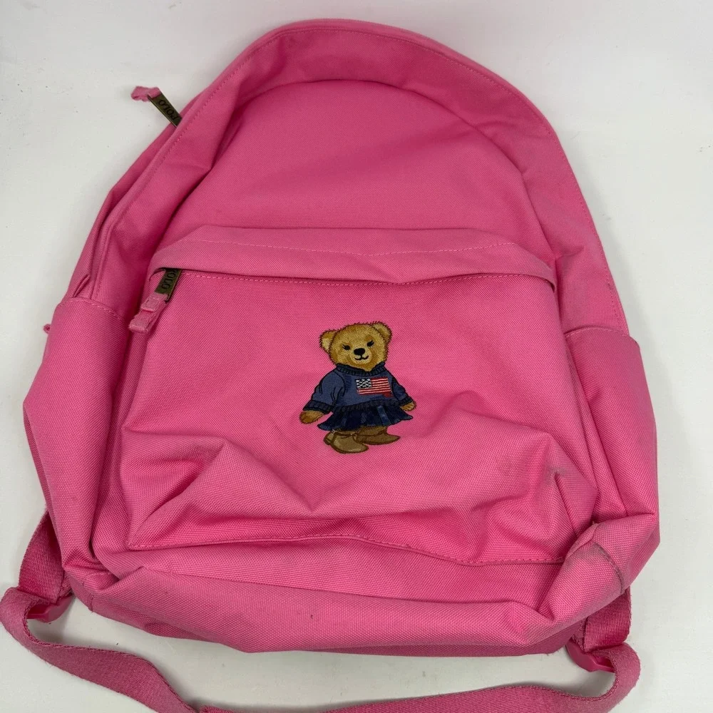 Polo Ralph Lauren Backpack Girls Pink Polo Bear Embroidered Canvas EUC
